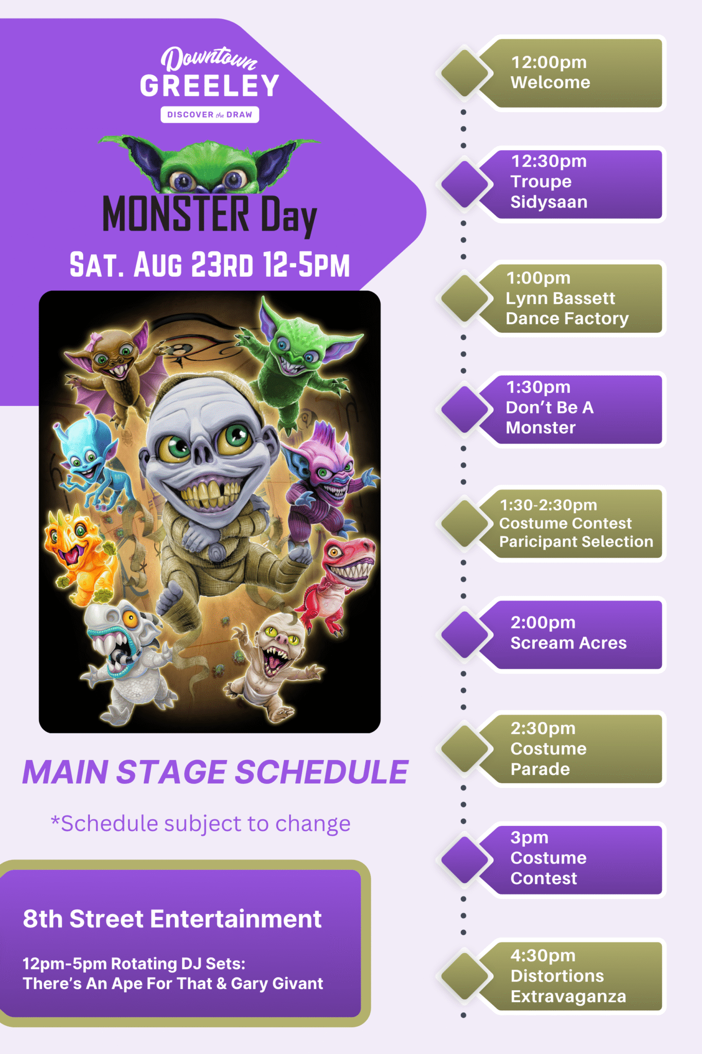 STAGE SCHEDULE Monster Day (24 × 36 in) Monster Day greeley 2025 Schedule
